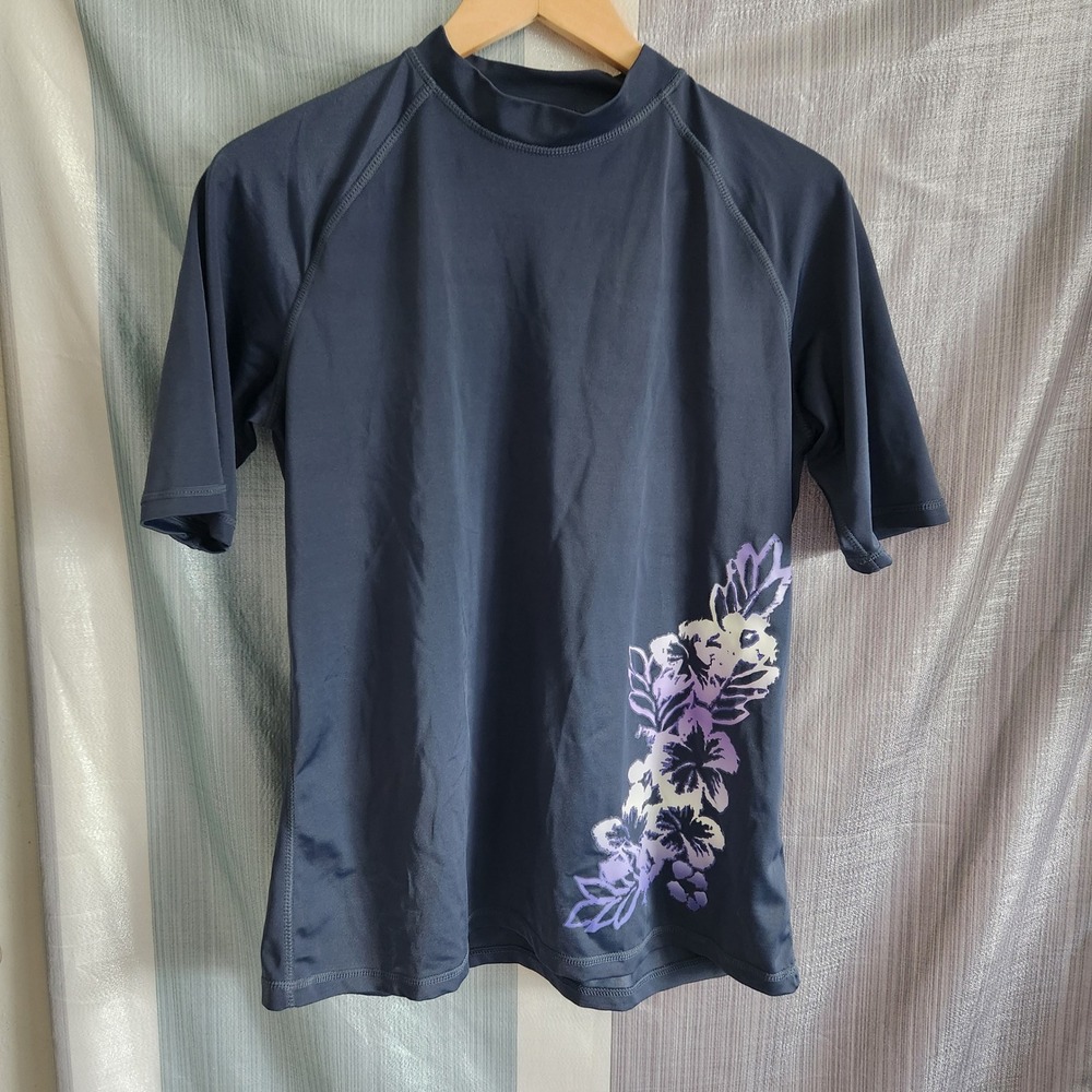 Kanu Surf Women XL Rash Guard Navy Blue Floral Short Sleeve Swim Shirt Mock Neck